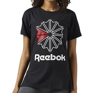 REEBOK Starcrest Retro Logo Graphic T-shirt‎ Black Cotton Slim Women XL Crewneck